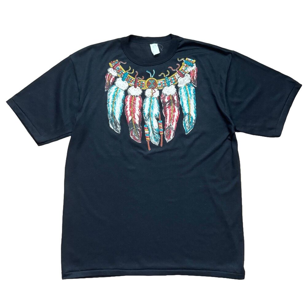 Vintage 90s Native American Shirt Adult XL Black Feathers Graphic USA Made VTG